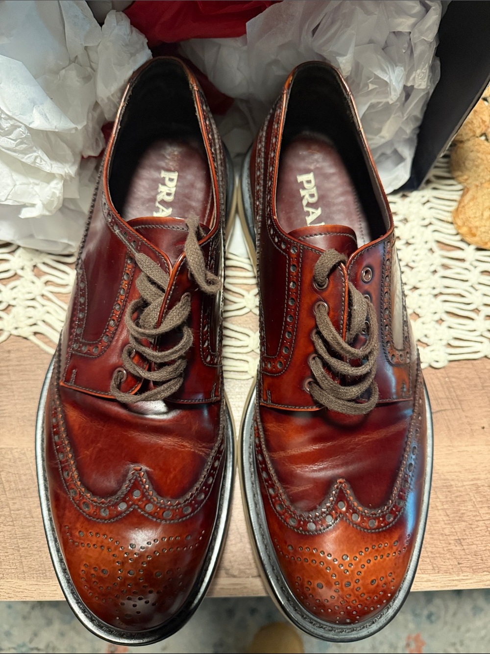 Prada Men’s Levitate Cognac Brown Leather Wingtip Oxfords
